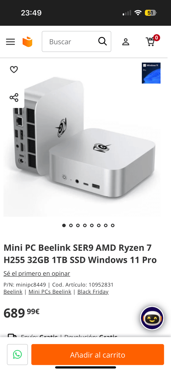 Mini PC Beelink SER9 AMD Ryzen 7 H255 32GB 1TB SSD Windows 11 Pro